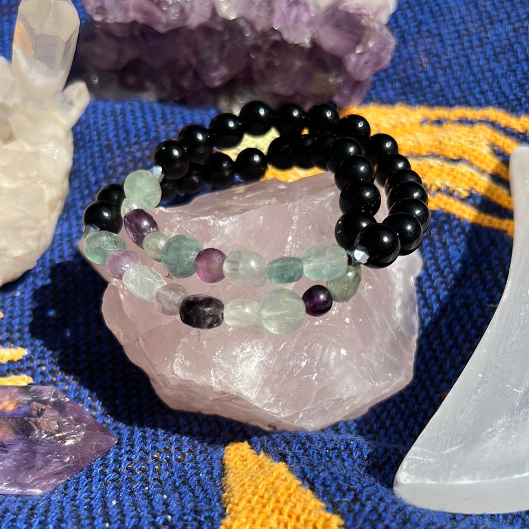 Rainbow fluorite & obsidian bracelet